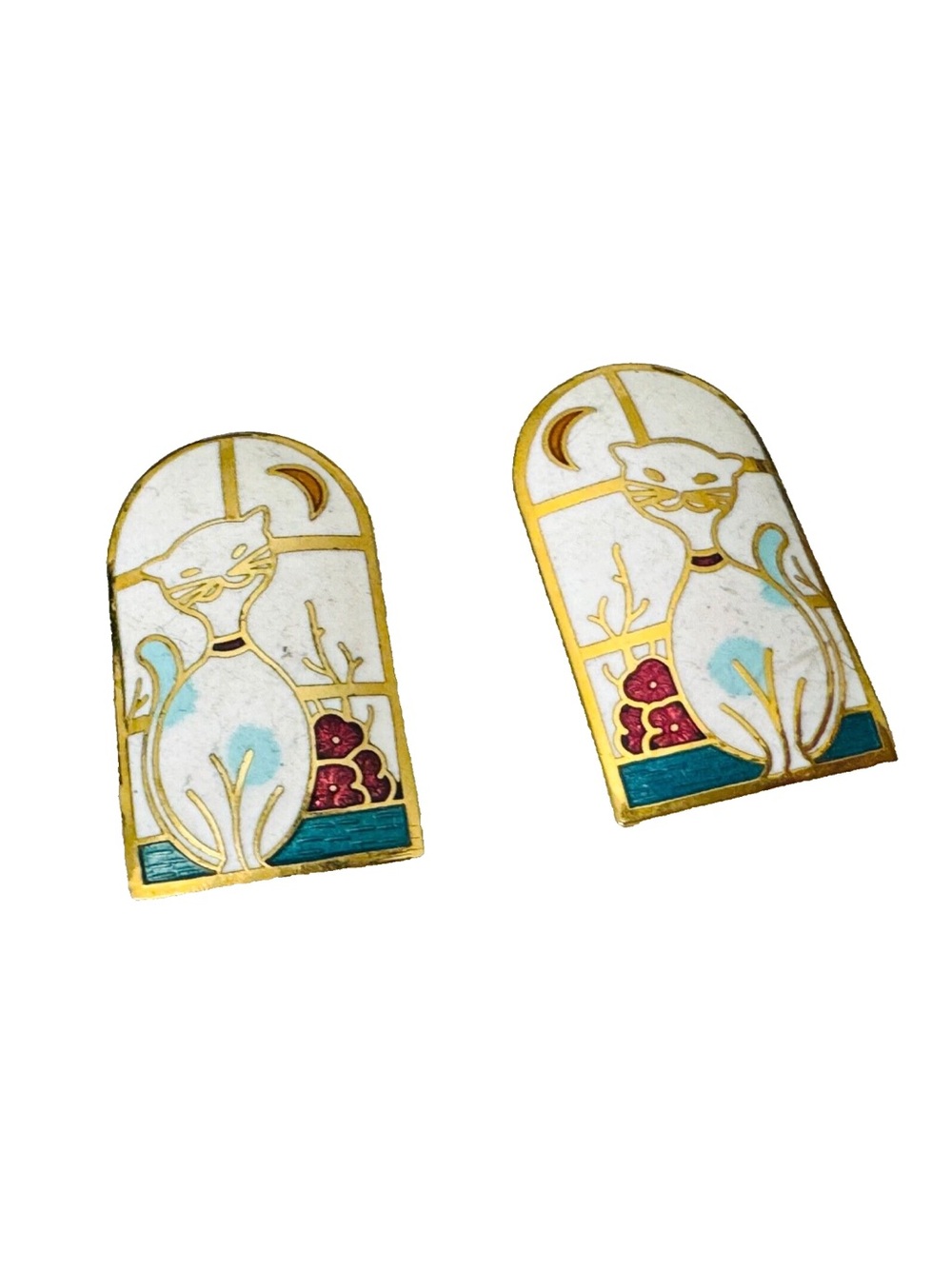 Vintage 1980's 1990's WHITE CAT Moon Window Enamel Gold Tone Pierced Earrings